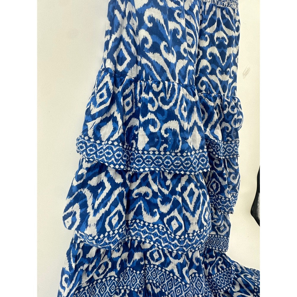 Alice + Olivia Imogene Blue Ikat Tiered Cotton Maxi Dress Size 10 Wedding Guest - Picture 11 of 16